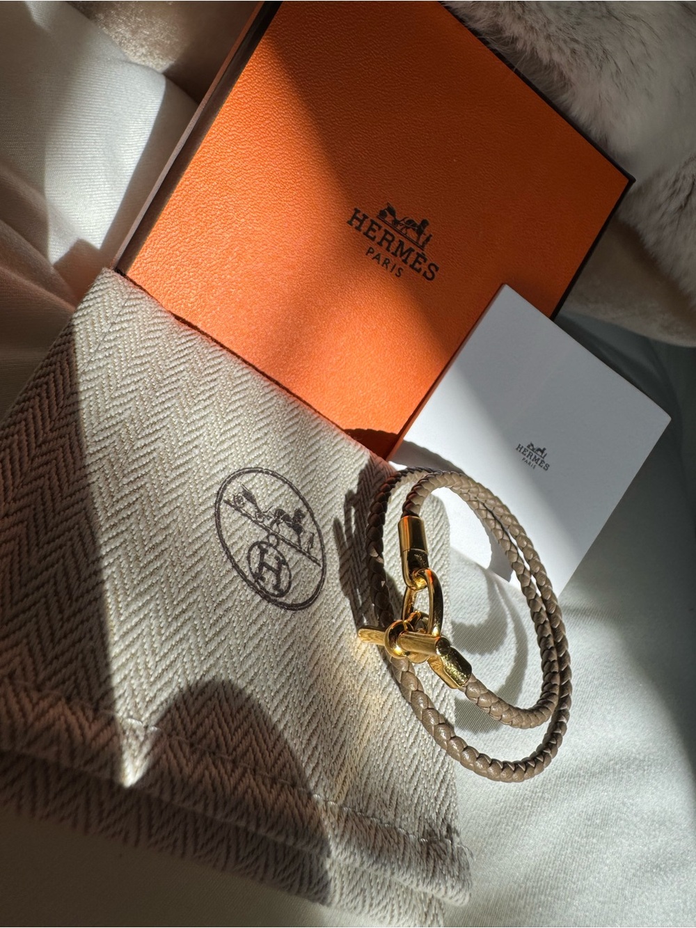 Hermes Double Wrap Leather Bracelet in Taupe with Gold Hardware - Picture 2 of 6